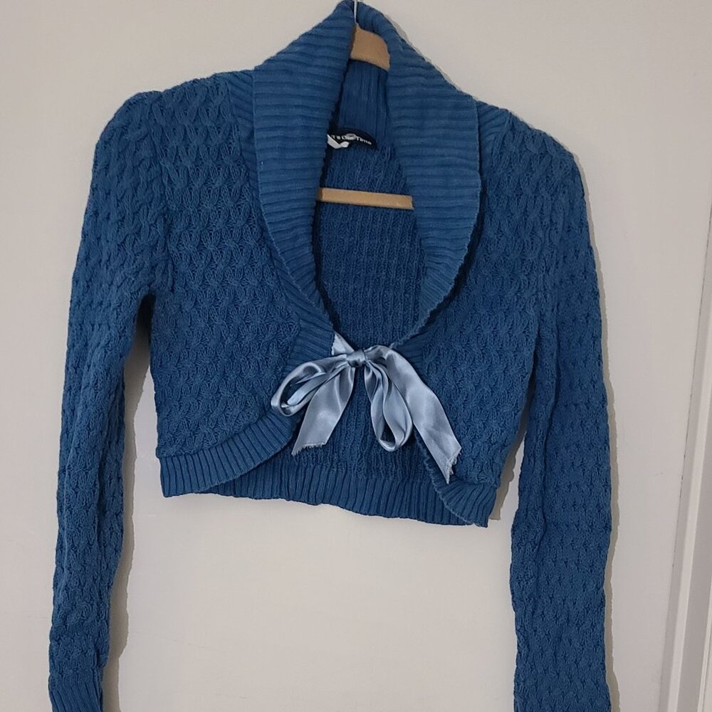 It's Our Time Blue Cropped Knit Shrug with Satin Tie